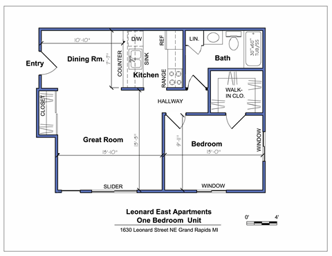 A floor plan of a one bedroom apartment with a dining room, kitchen, bathroom, and great room.